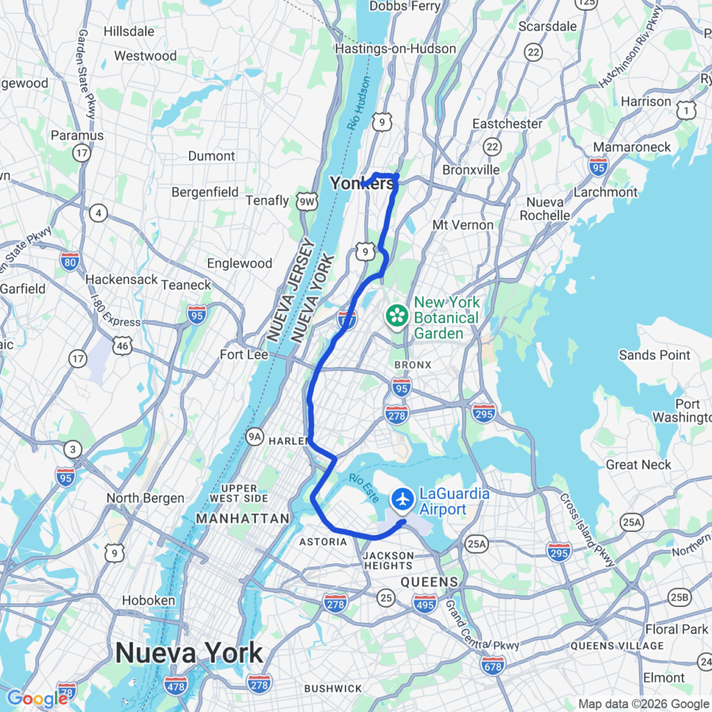Driving route from LaGuardia Airport to Yonkers via Bronx highways including Major Deegan Expressway and Cross Bronx corridor