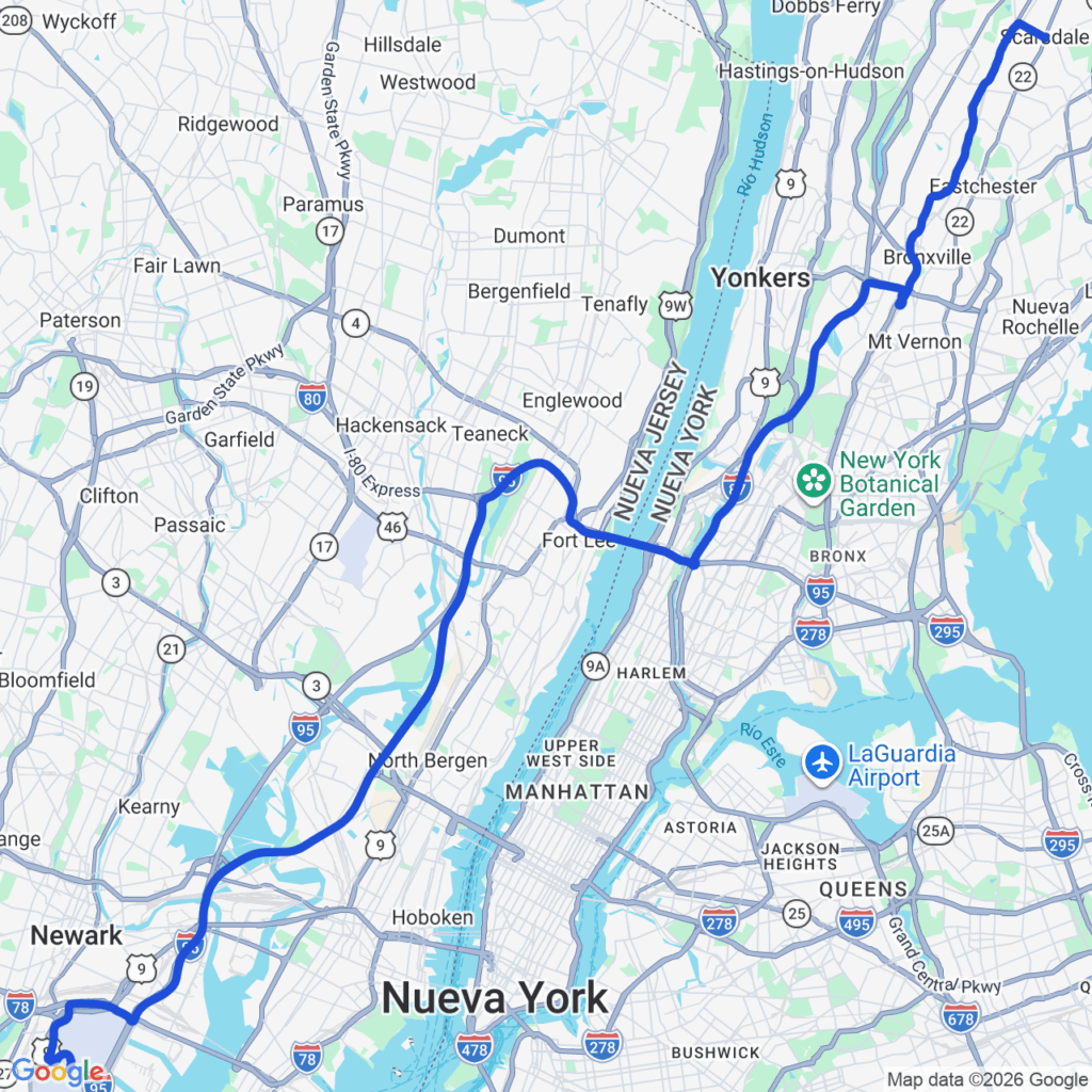 Map showing the route from Newark Liberty International Airport in New Jersey to Scarsdale in Westchester County, crossing the Hudson River through the George Washington Bridge area and continuing through the Bronx toward suburban Scarsdale.