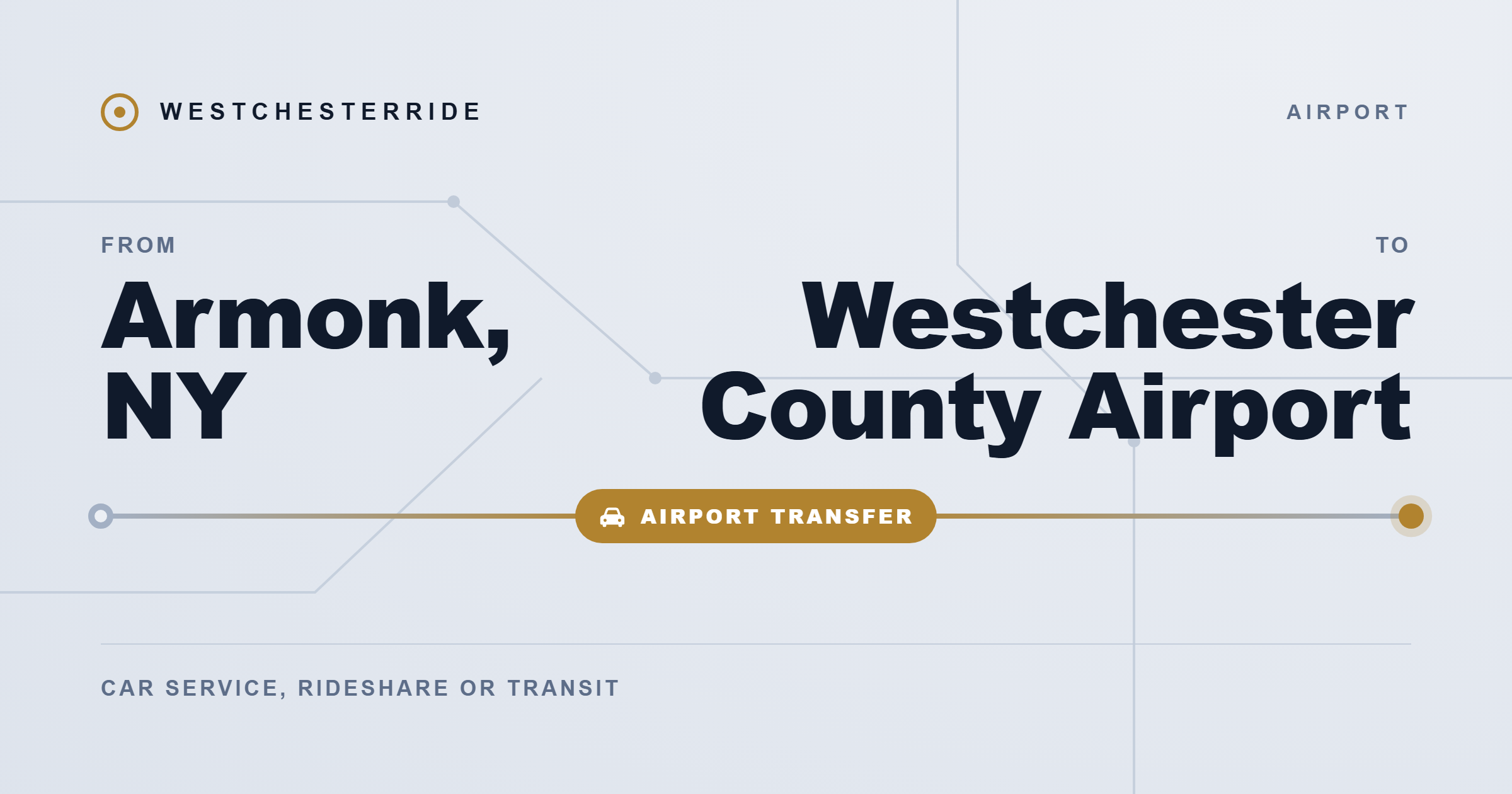Route map: Armonk, NY to Westchester County Airport by car service, rideshare or transit