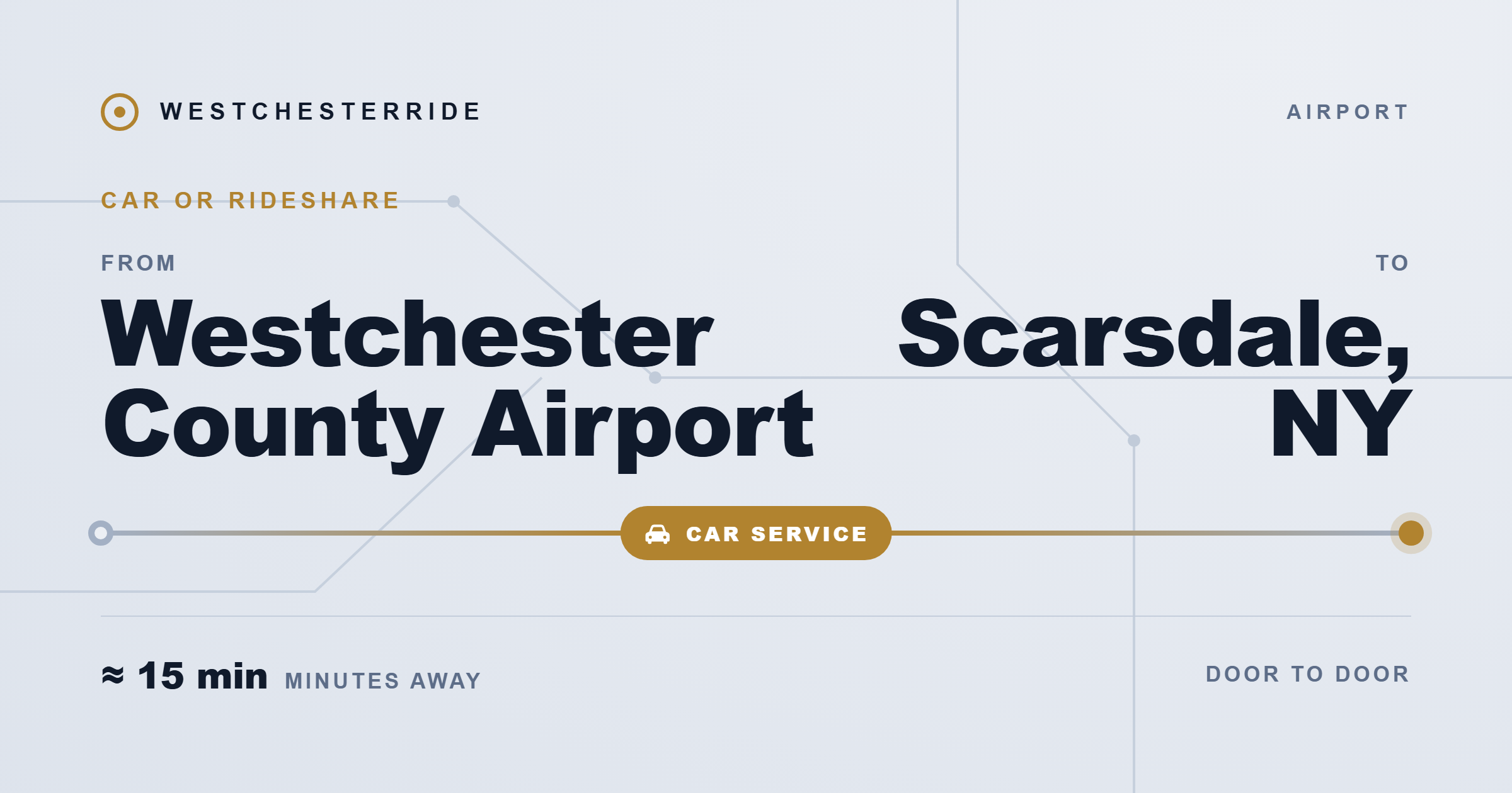 Route map: Westchester County Airport to Scarsdale, NY by car or rideshare